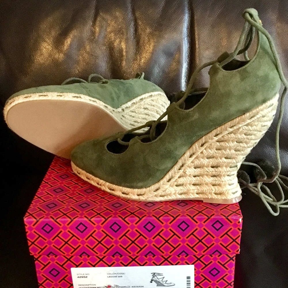 NWT TORY BURCH Wedge Tie-Up Espadrille Green Suede